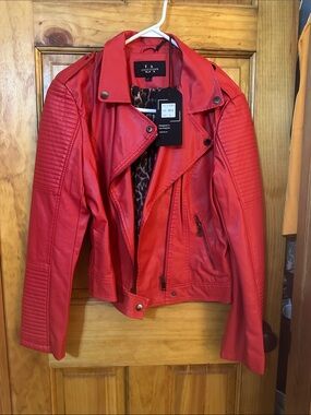 LA Coalition Red Moto-Style Faux Leather Jacket